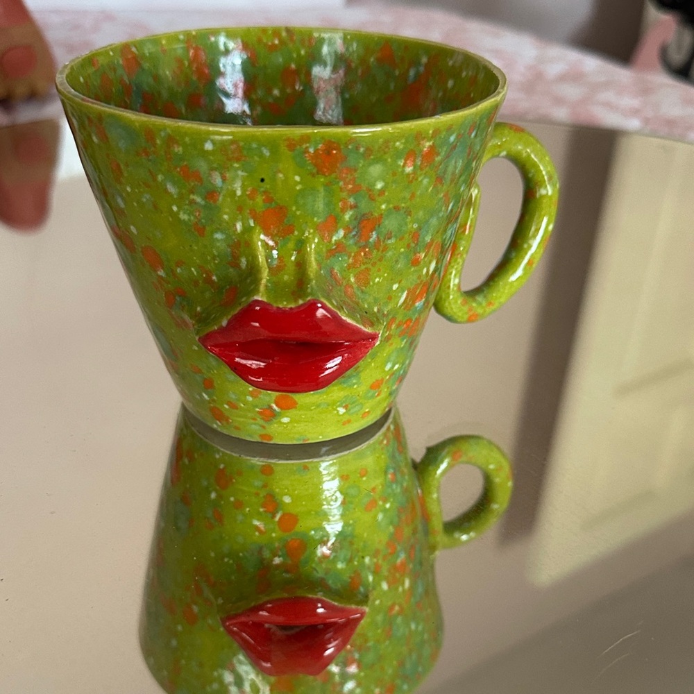 Vibrant Green and Red Ceramic Face Mug